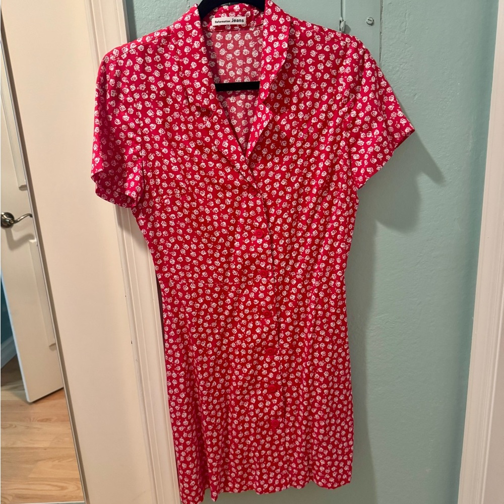 Reformation Red Floral Button Up Dress